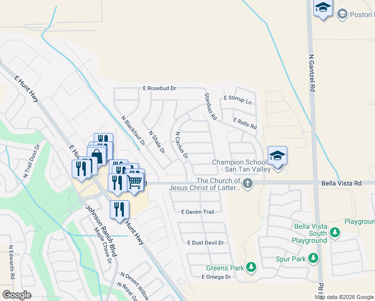 map of restaurants, bars, coffee shops, grocery stores, and more near 988 East Poncho Lane in San Tan Valley