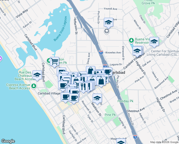 map of restaurants, bars, coffee shops, grocery stores, and more near 851 Home Avenue in Carlsbad
