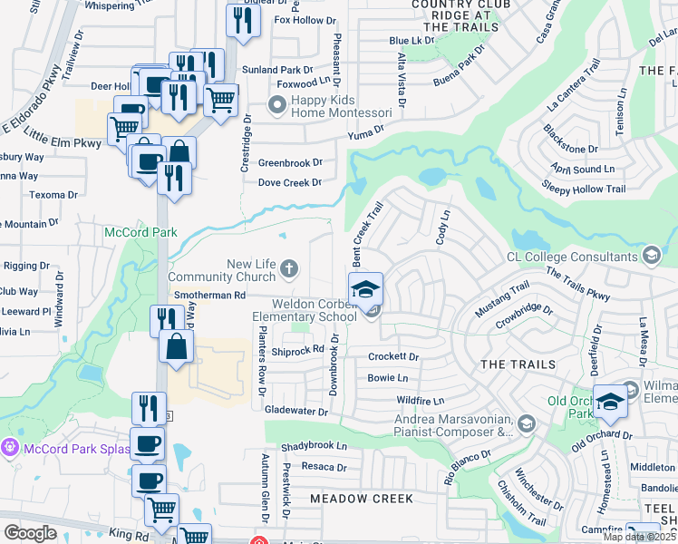 map of restaurants, bars, coffee shops, grocery stores, and more near 11359 Bent Creek Trail in Frisco