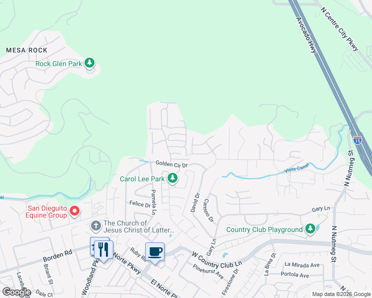 map of restaurants, bars, coffee shops, grocery stores, and more near Winged Foot Glen in Escondido