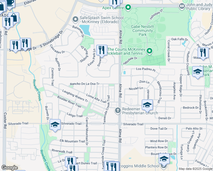 map of restaurants, bars, coffee shops, grocery stores, and more near 3605 Temecula Creek Trail in McKinney