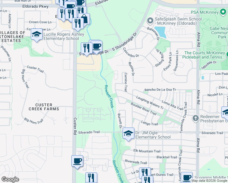 map of restaurants, bars, coffee shops, grocery stores, and more near 3704 Blanco Creek Trail in McKinney