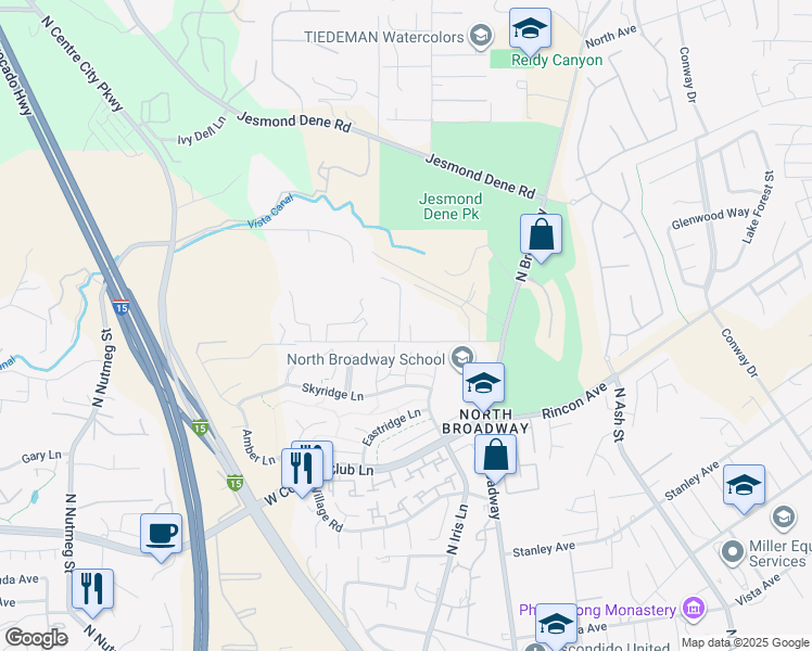 map of restaurants, bars, coffee shops, grocery stores, and more near 26025 Jack Rabbit Acres in Escondido