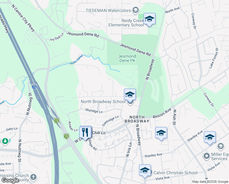 map of restaurants, bars, coffee shops, grocery stores, and more near 2371 Oakridge Place in Escondido