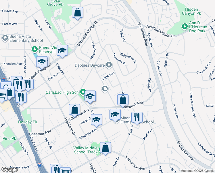 map of restaurants, bars, coffee shops, grocery stores, and more near 2012 Lee Court in Carlsbad