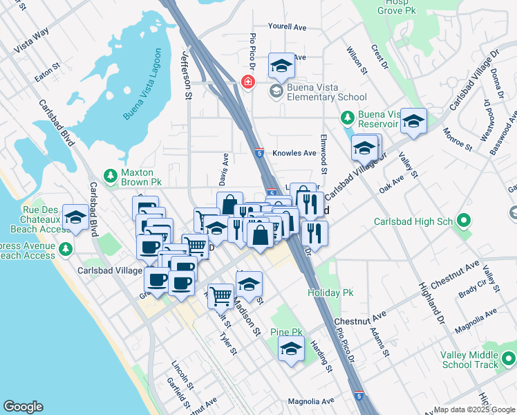 map of restaurants, bars, coffee shops, grocery stores, and more near 1044 Carlsbad Village Drive in Carlsbad