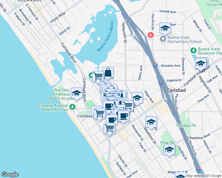 map of restaurants, bars, coffee shops, grocery stores, and more near 2653 Roosevelt Street in Carlsbad