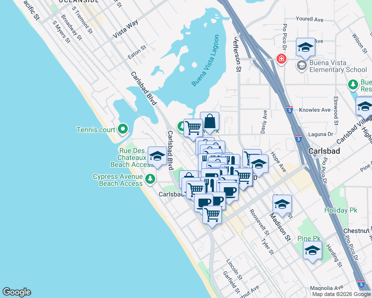 map of restaurants, bars, coffee shops, grocery stores, and more near 2615 State Street in Carlsbad