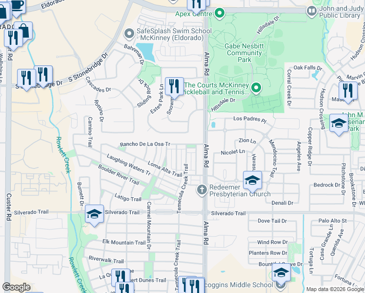map of restaurants, bars, coffee shops, grocery stores, and more near 7705 Rancho De La Osa Trail in McKinney