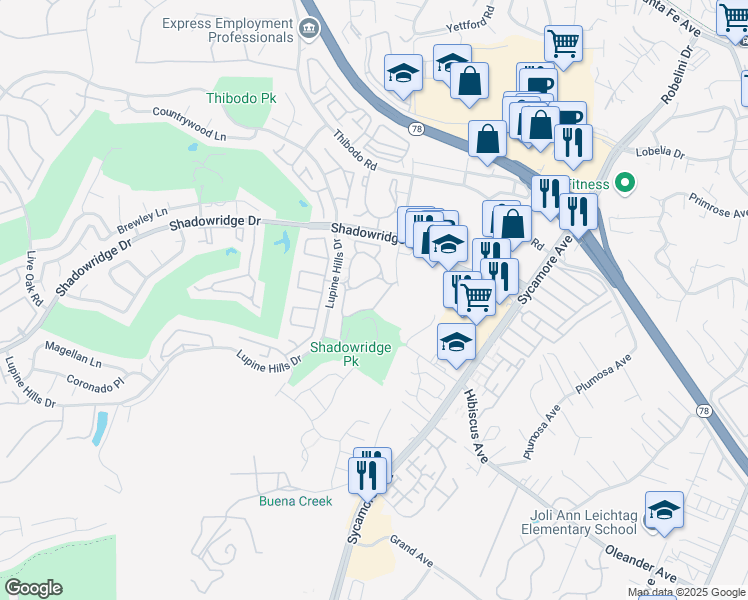 map of restaurants, bars, coffee shops, grocery stores, and more near 836 Heatherwood Lane in Vista