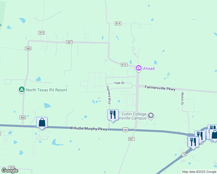 map of restaurants, bars, coffee shops, grocery stores, and more near 325 County Road 610 in Farmersville