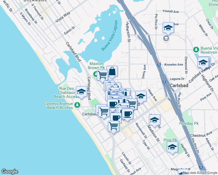 map of restaurants, bars, coffee shops, grocery stores, and more near 2653 Roosevelt Street in Carlsbad