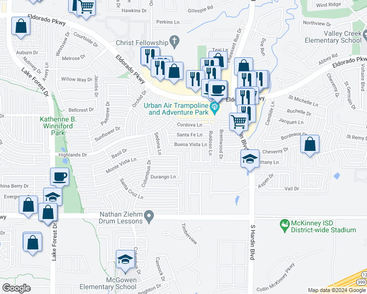 map of restaurants, bars, coffee shops, grocery stores, and more near 4405 Buena Vista Lane in McKinney