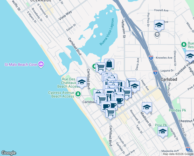 map of restaurants, bars, coffee shops, grocery stores, and more near 2517 State Street in Carlsbad