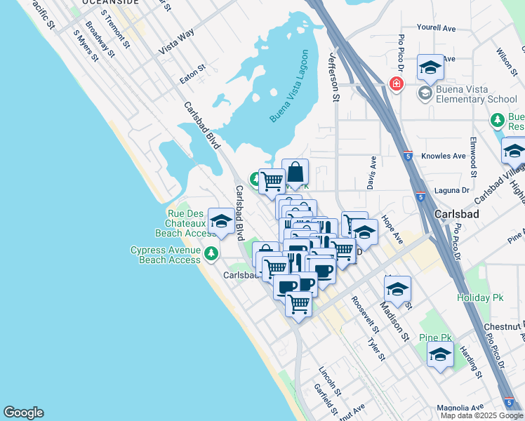 map of restaurants, bars, coffee shops, grocery stores, and more near 2511 State Street in Carlsbad