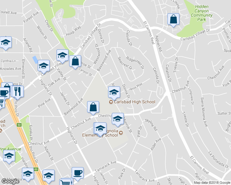 map of restaurants, bars, coffee shops, grocery stores, and more near 3455 Ann Drive in Carlsbad