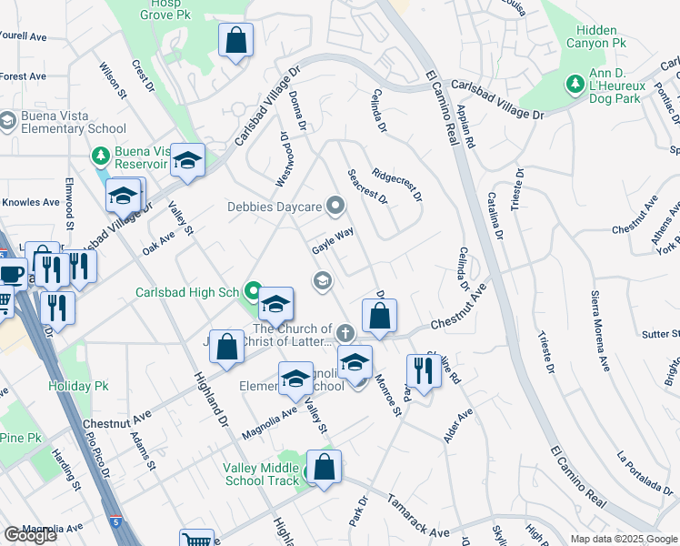 map of restaurants, bars, coffee shops, grocery stores, and more near 3455 Ann Drive in Carlsbad