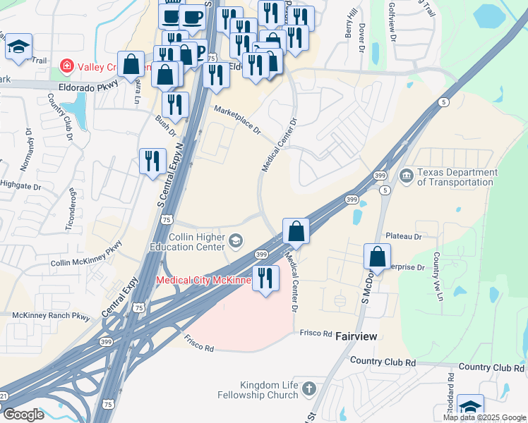 map of restaurants, bars, coffee shops, grocery stores, and more near 3199 Medical Center Drive in McKinney