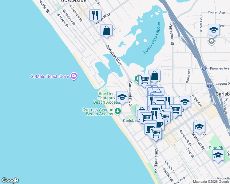 map of restaurants, bars, coffee shops, grocery stores, and more near 2323 Ocean Street in Carlsbad