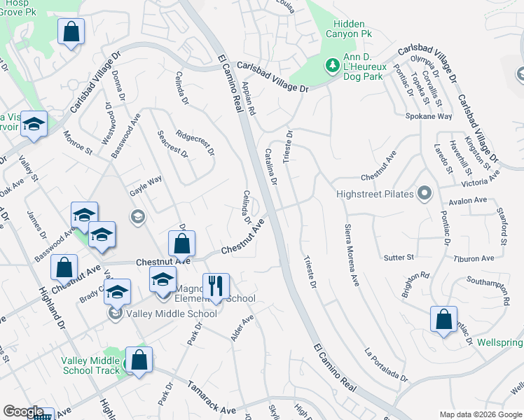 map of restaurants, bars, coffee shops, grocery stores, and more near 3564 Celinda Drive in Carlsbad