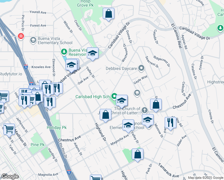 map of restaurants, bars, coffee shops, grocery stores, and more near 3280 Maezel Lane in Carlsbad