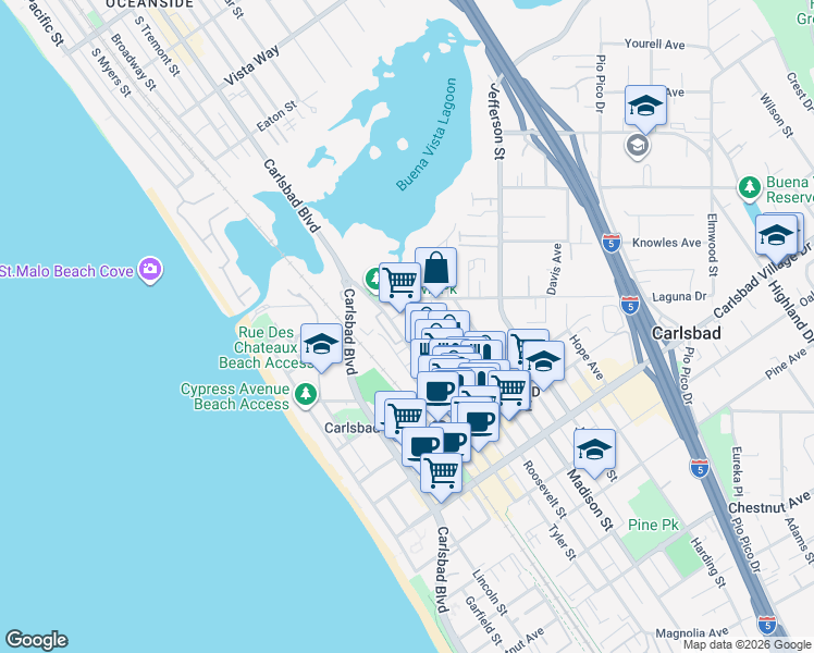 map of restaurants, bars, coffee shops, grocery stores, and more near 577 Laguna Drive in Carlsbad