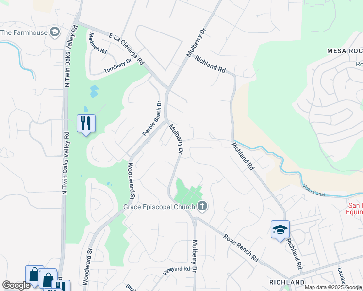 map of restaurants, bars, coffee shops, grocery stores, and more near Mulberry Drive in San Marcos
