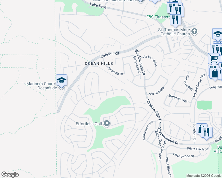 map of restaurants, bars, coffee shops, grocery stores, and more near 4695 Adra Way in Oceanside