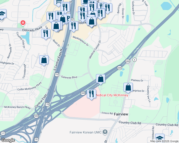 map of restaurants, bars, coffee shops, grocery stores, and more near 3197 Medical Center Drive in McKinney