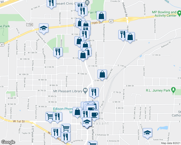 map of restaurants, bars, coffee shops, grocery stores, and more near 1010 North Jefferson Avenue in Mount Pleasant
