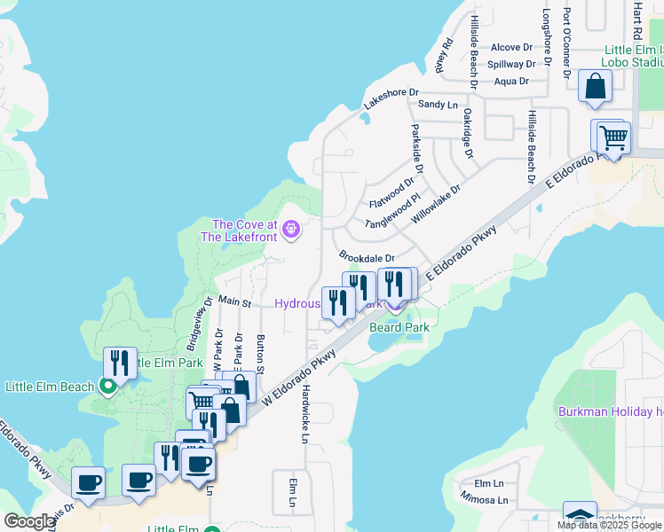 map of restaurants, bars, coffee shops, grocery stores, and more near 300 Lakefront Drive in Little Elm