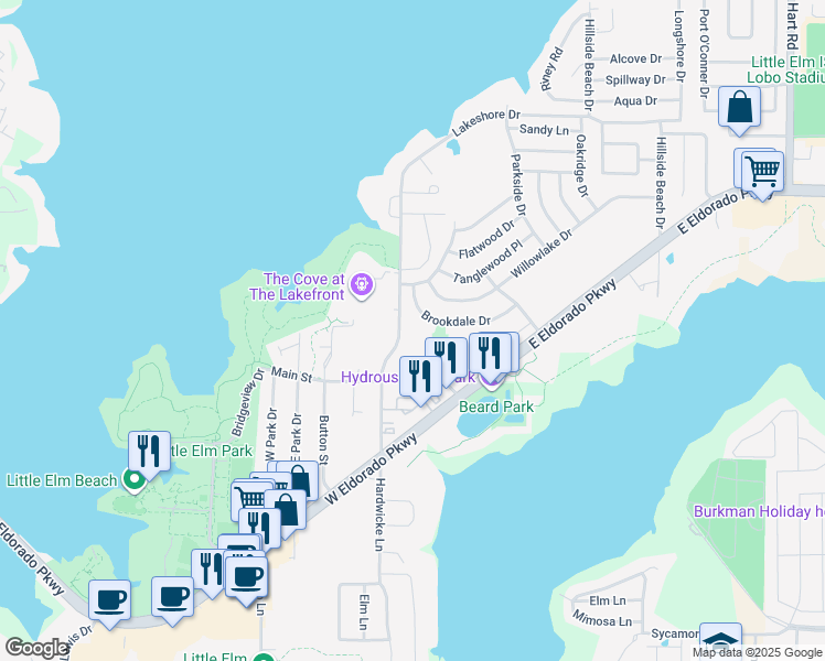 map of restaurants, bars, coffee shops, grocery stores, and more near 212 Brookdale Drive in Little Elm