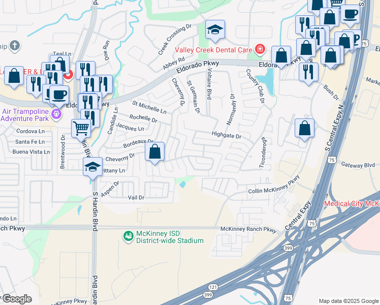 map of restaurants, bars, coffee shops, grocery stores, and more near 2511 Saint Remy Drive in McKinney