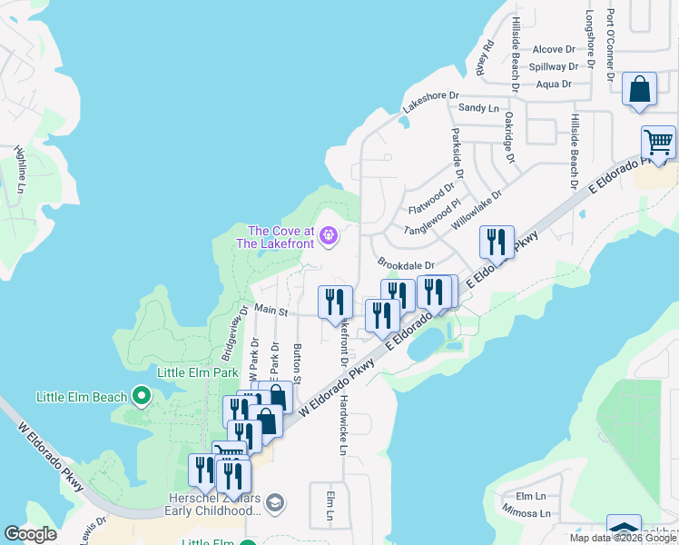 map of restaurants, bars, coffee shops, grocery stores, and more near 300 Lakefront Drive in Little Elm