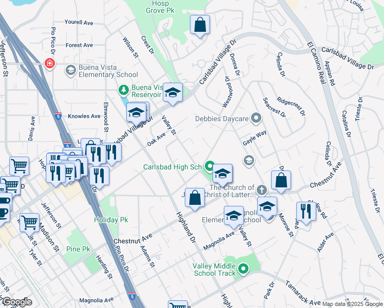 map of restaurants, bars, coffee shops, grocery stores, and more near 1710 Valley Place in Carlsbad