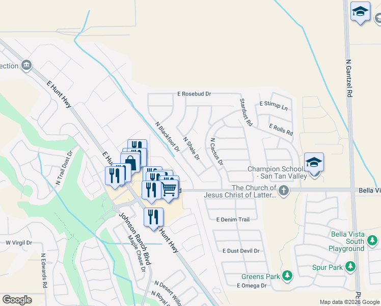 map of restaurants, bars, coffee shops, grocery stores, and more near 810 East Desert Holly Circle in Queen Creek