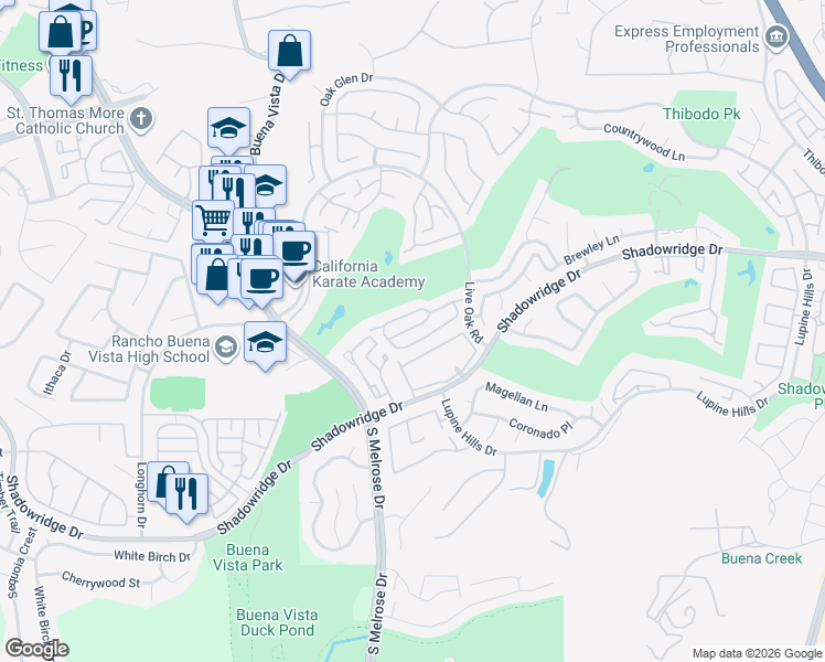 map of restaurants, bars, coffee shops, grocery stores, and more near 2618 Cove Court in Vista
