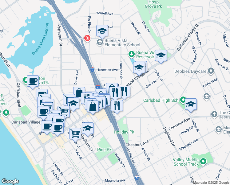 map of restaurants, bars, coffee shops, grocery stores, and more near 1200 Carlsbad Village Drive in Carlsbad