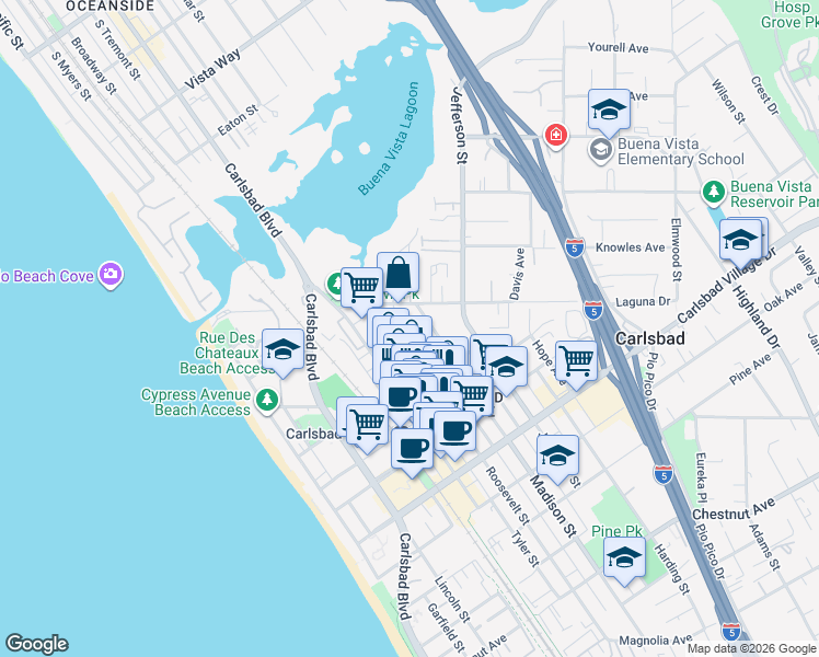 map of restaurants, bars, coffee shops, grocery stores, and more near 655 Laguna Drive in Carlsbad