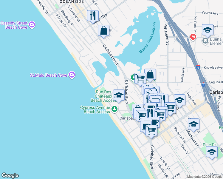map of restaurants, bars, coffee shops, grocery stores, and more near 2377 Ocean Street in Carlsbad