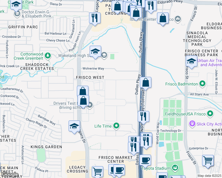 map of restaurants, bars, coffee shops, grocery stores, and more near 10588 Legacy Drive in Frisco