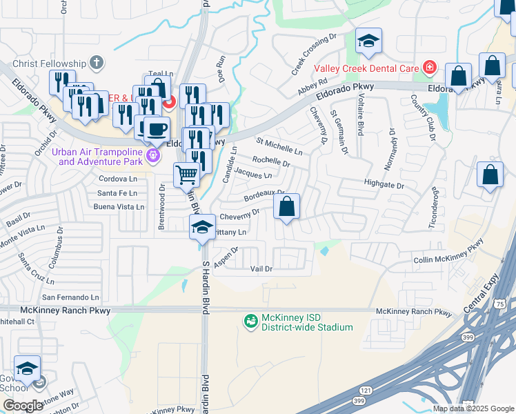 map of restaurants, bars, coffee shops, grocery stores, and more near 2818 Cheverny Drive in McKinney