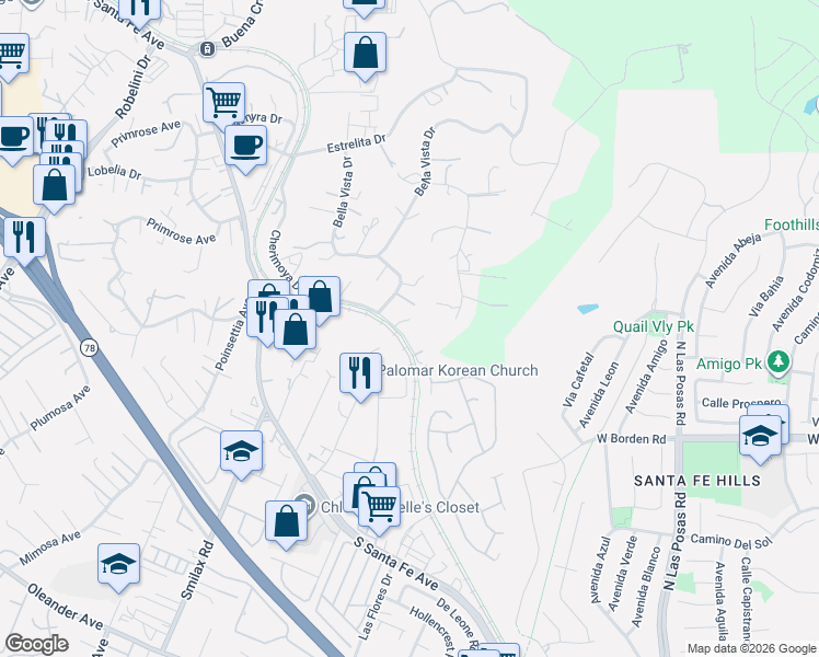 map of restaurants, bars, coffee shops, grocery stores, and more near 2464 El Corto Drive in Vista
