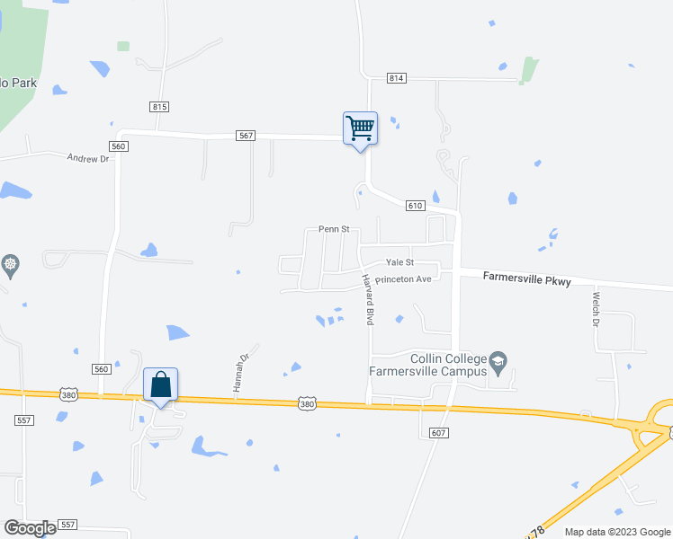 map of restaurants, bars, coffee shops, grocery stores, and more near 204 University Street in Farmersville