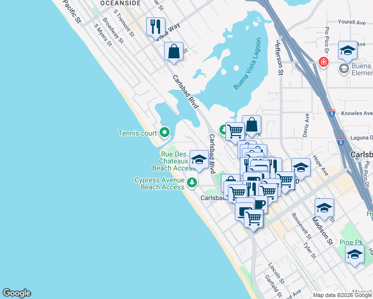 map of restaurants, bars, coffee shops, grocery stores, and more near 2377 Ocean Street in Carlsbad