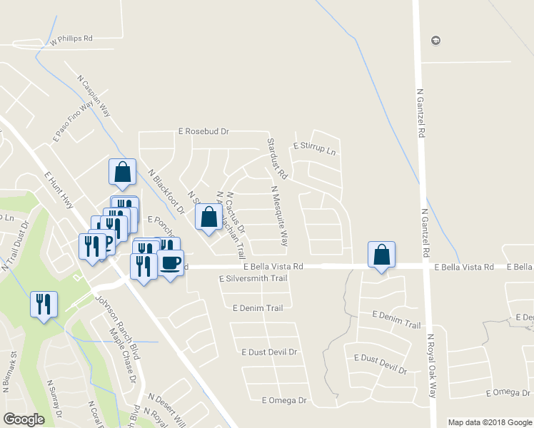 map of restaurants, bars, coffee shops, grocery stores, and more near 1121 East Desert Holly Drive in Queen Creek