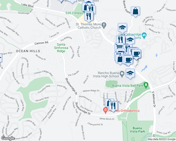 map of restaurants, bars, coffee shops, grocery stores, and more near 1672 Olympus Loop Drive in Vista