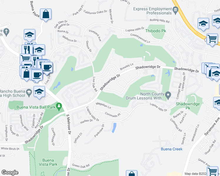 map of restaurants, bars, coffee shops, grocery stores, and more near 2044 Columbus Way in Vista