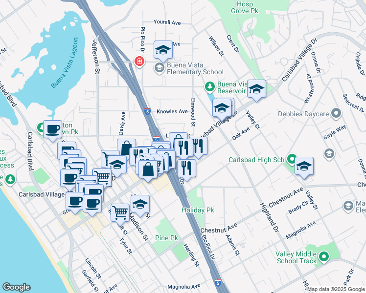 map of restaurants, bars, coffee shops, grocery stores, and more near 1200 Carlsbad Village Drive in Carlsbad