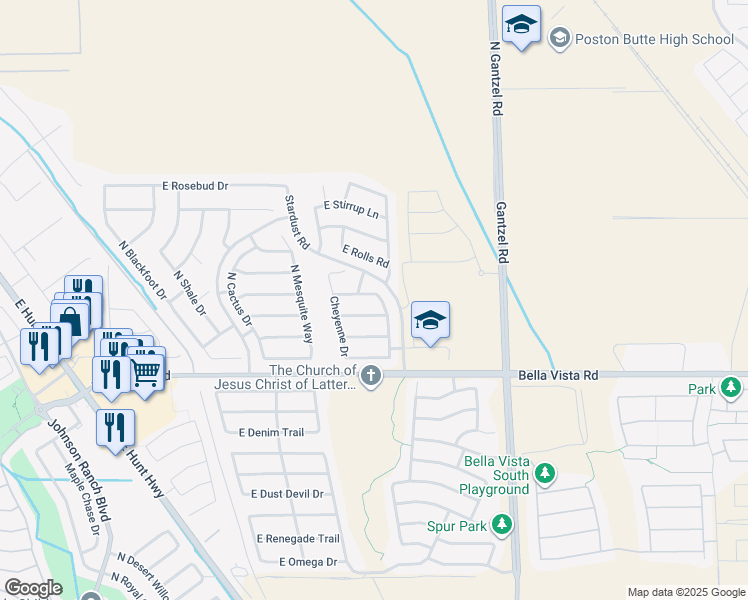 map of restaurants, bars, coffee shops, grocery stores, and more near 1487 East Desert Holly Drive in Queen Creek